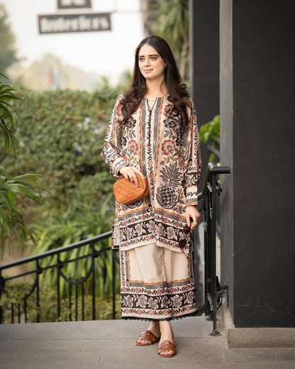 Printed kurta and pants set with ornate border trim, cream base and long sleeves