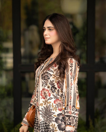 Printed kurta with floral and paisley motifs, cream base, long sleeves