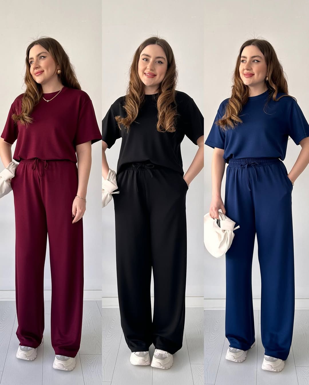 Half-sleeve trouser set in maroon, black, and navy; tied waist, wide legs