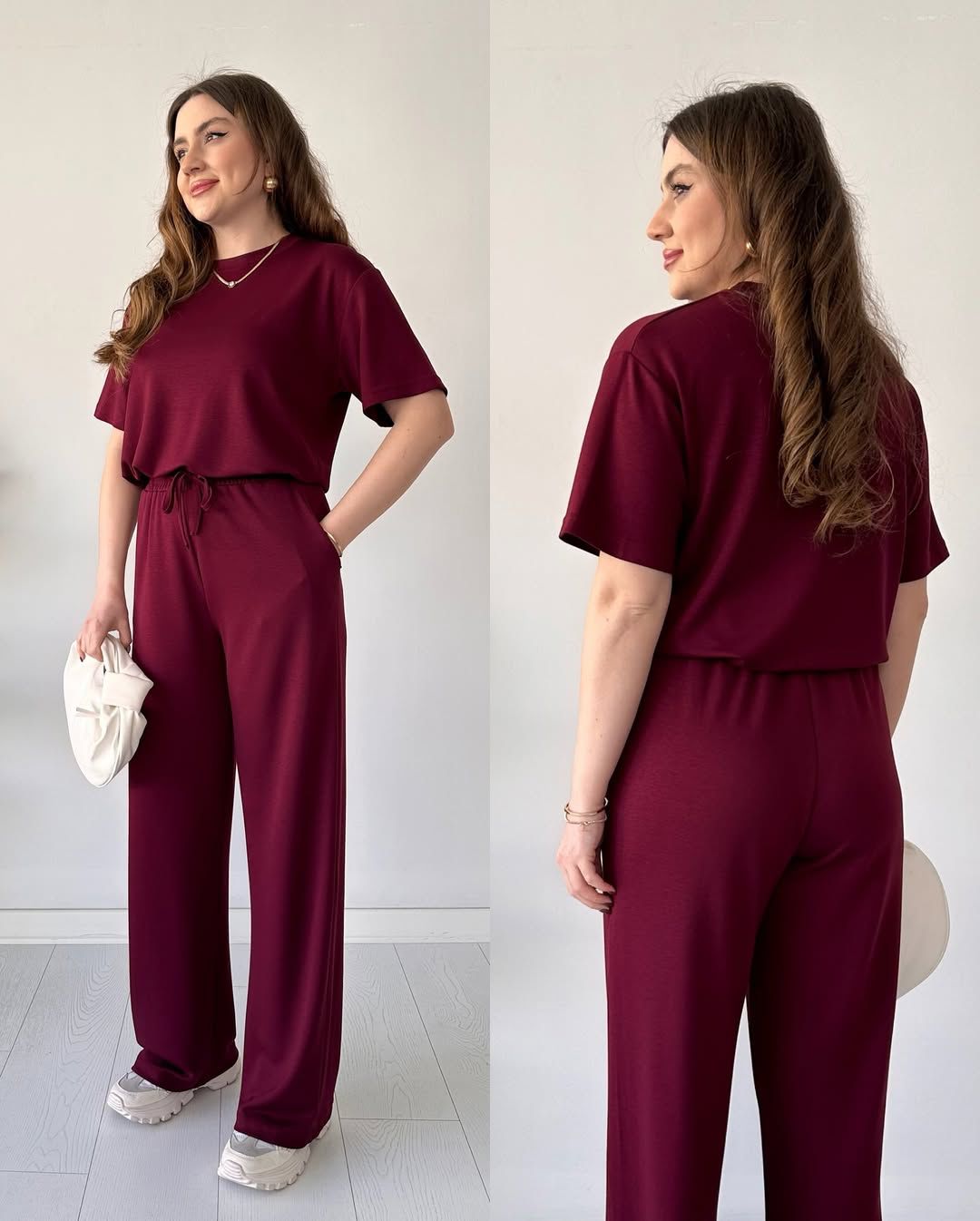 Maroon two-piece half-sleeve trouser set with tied waist and wide-leg pants