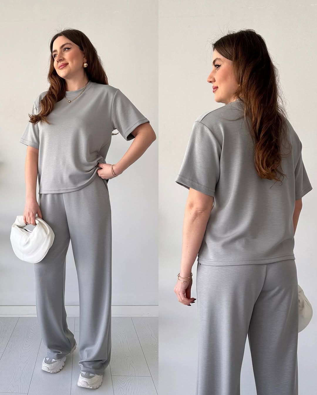 Gray two-piece half-sleeve trouser set with tied waist and wide-leg pants