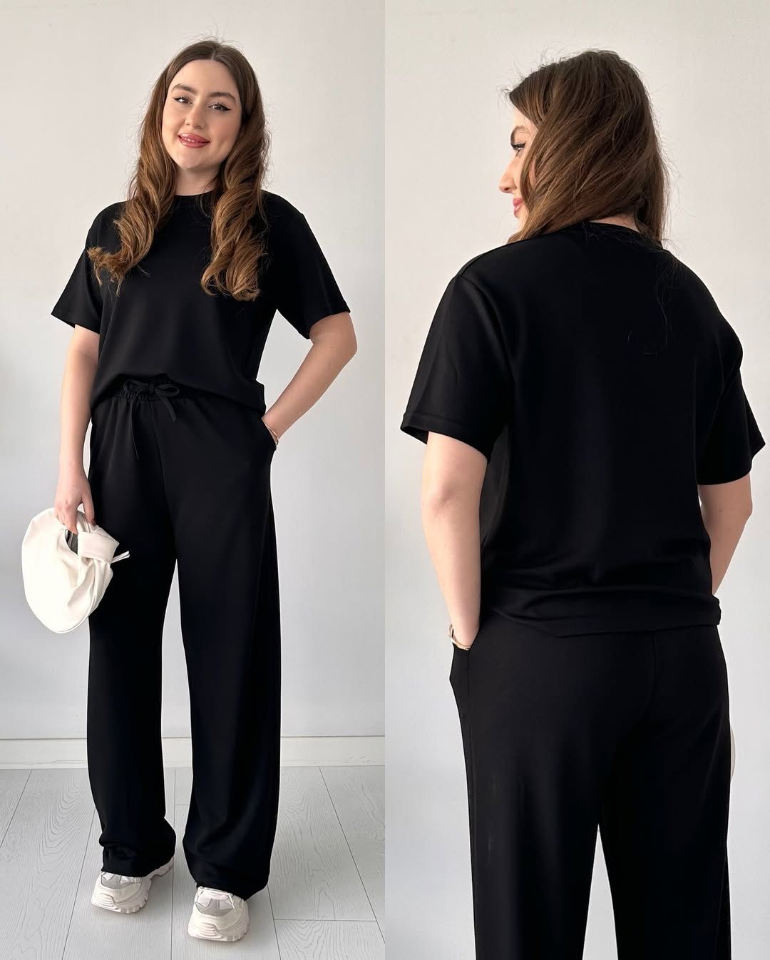 Black two-piece half-sleeve trouser set with tied waist and wide-leg pants