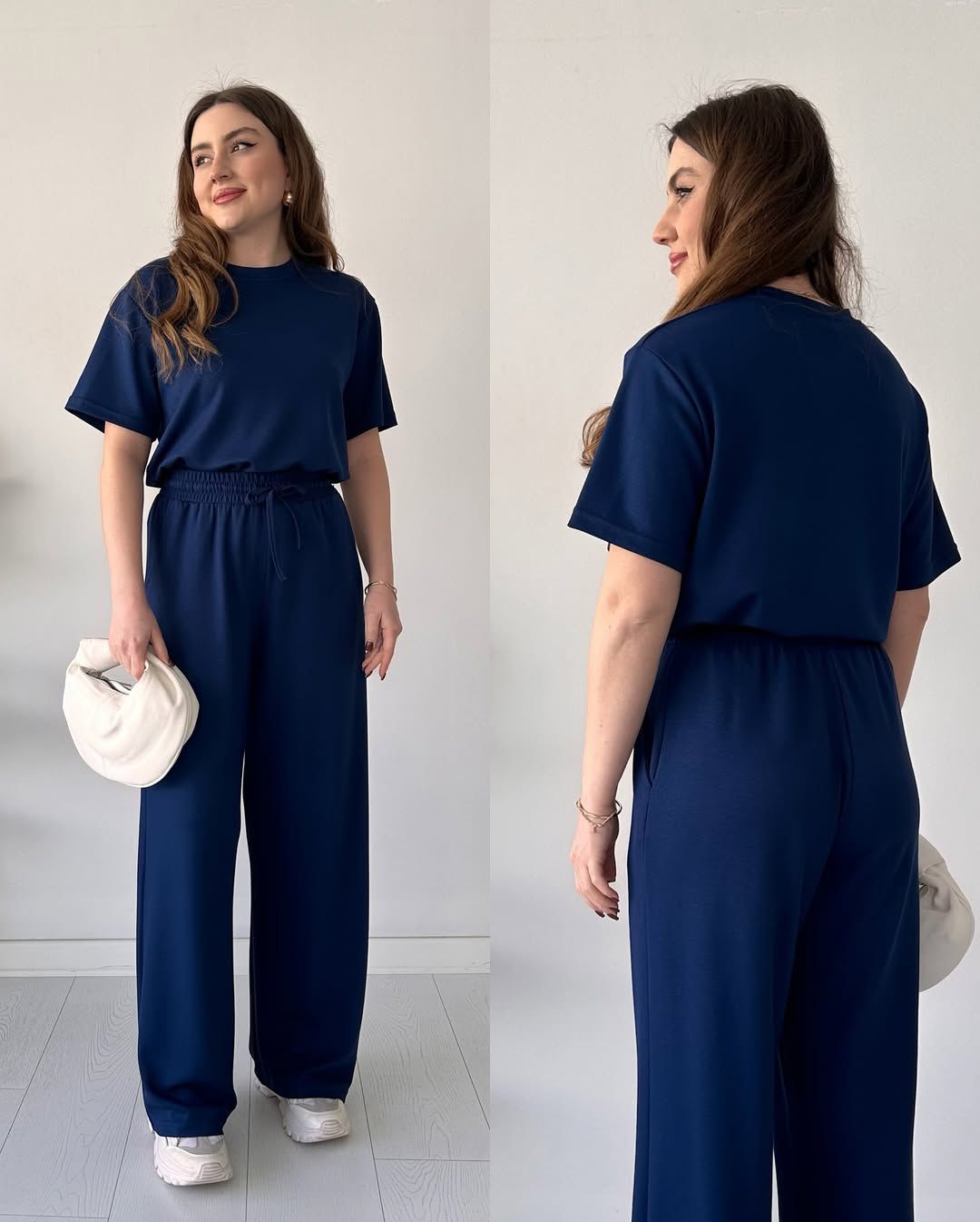 Navy blue two-piece half-sleeve trouser set with tied waist and wide-leg pants