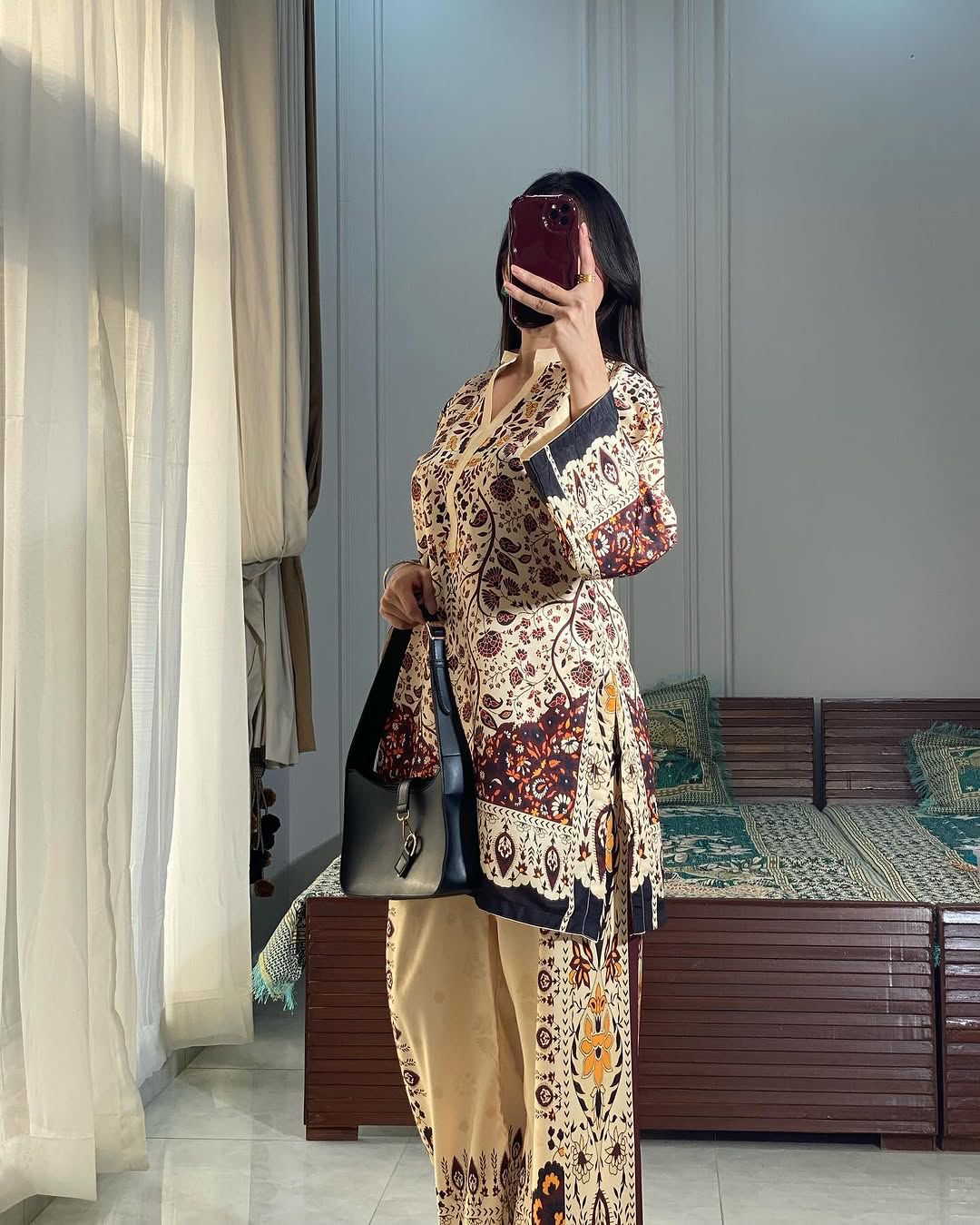 Floral co-ord set: long tunic and matching pants, beige with burgundy print