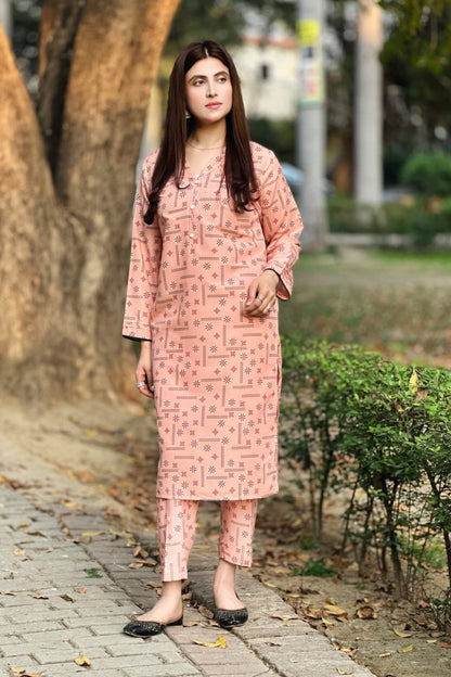 Blush pink 2-piece printed kurta and pants set, long tunic with matching trousers