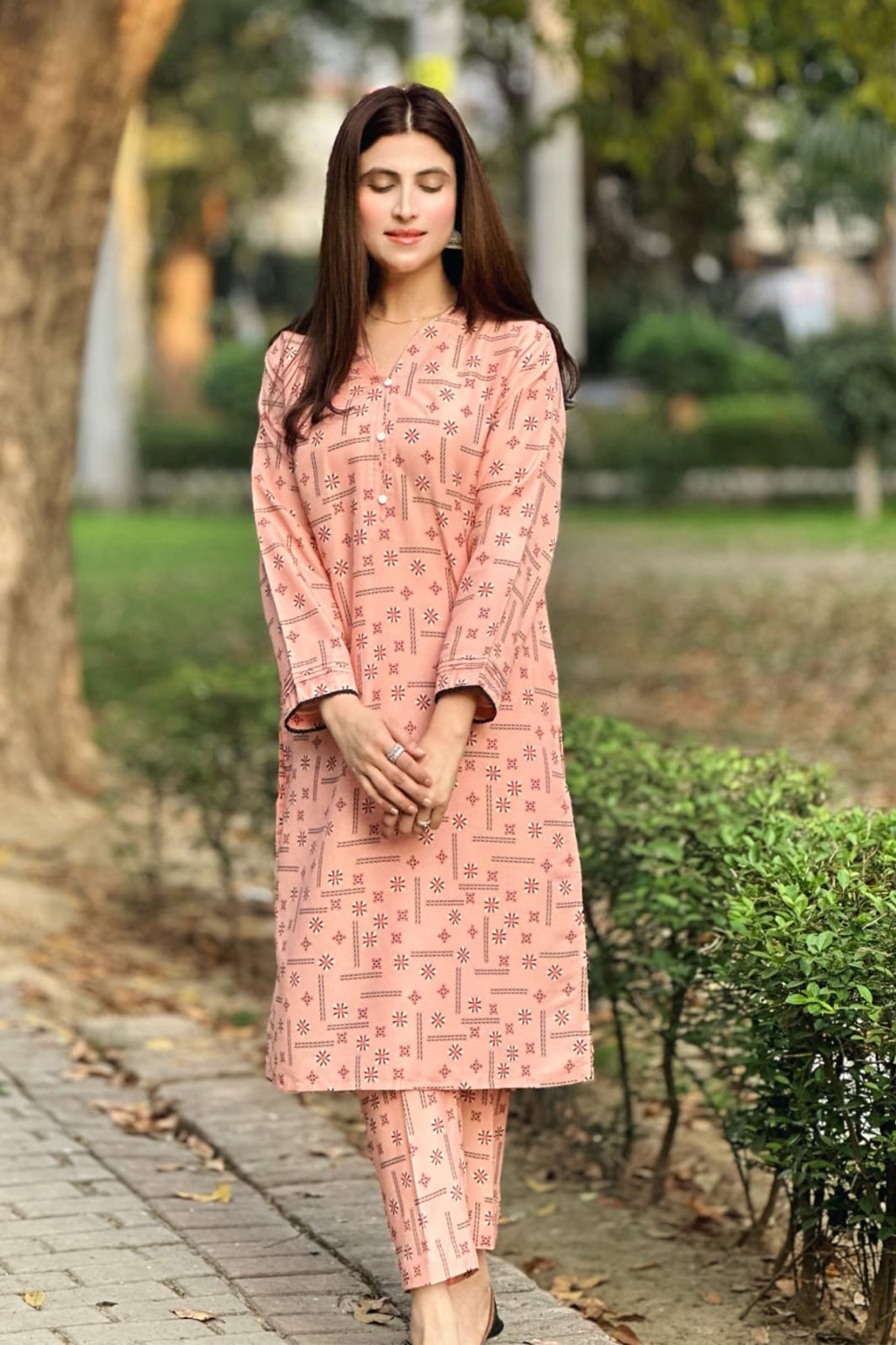 Blush pink 2-piece printed kurta and pants set, tunic with front pocket and cuffs