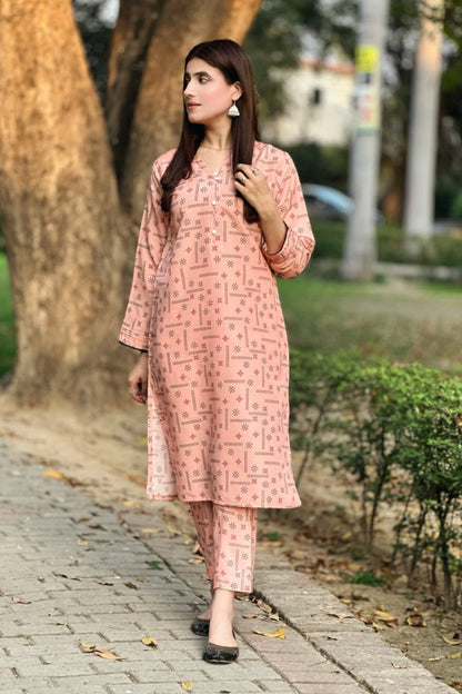 Blush pink 2-piece printed kurta and pants set, long tunic with round neckline