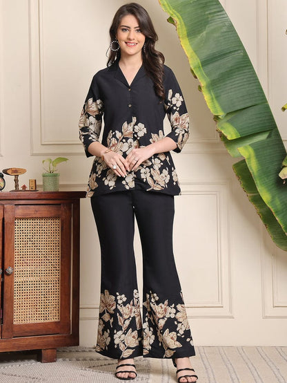 Black floral shirt-style top and wide-leg trousers co-ord set, allover blooms