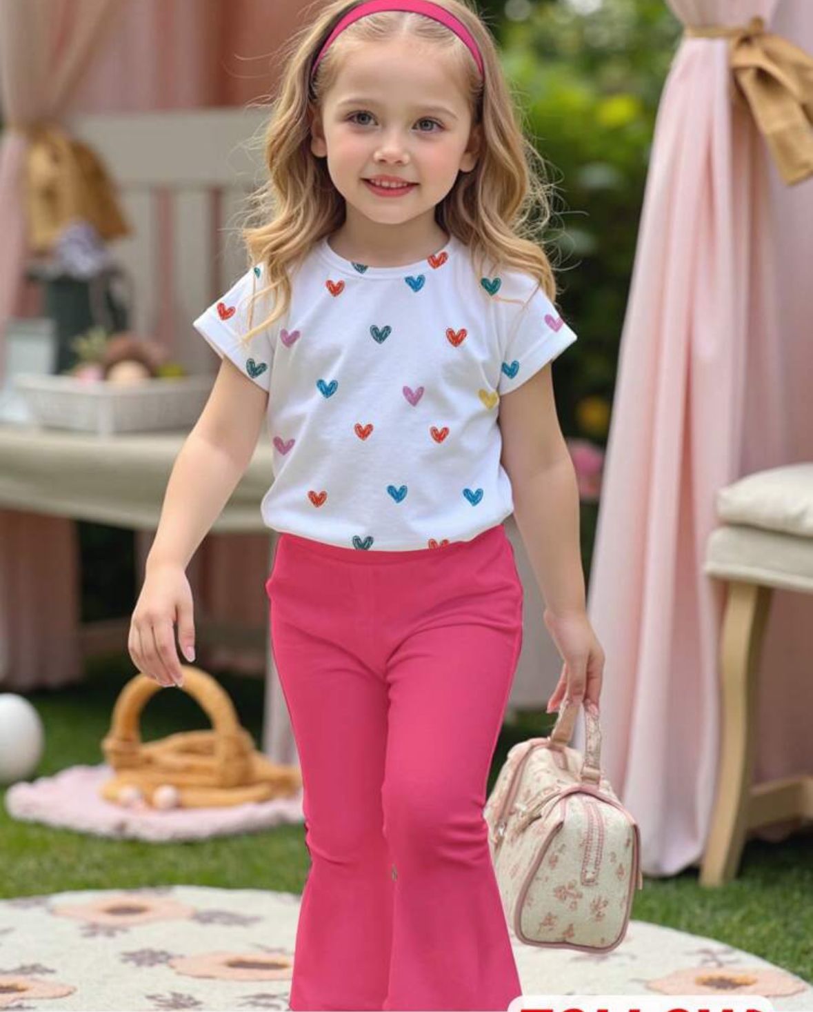Girls heart-print T-shirt and pink trousers set, worn by child model