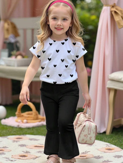 Kids two-piece set with white heart-print T-shirt and black flared trousers