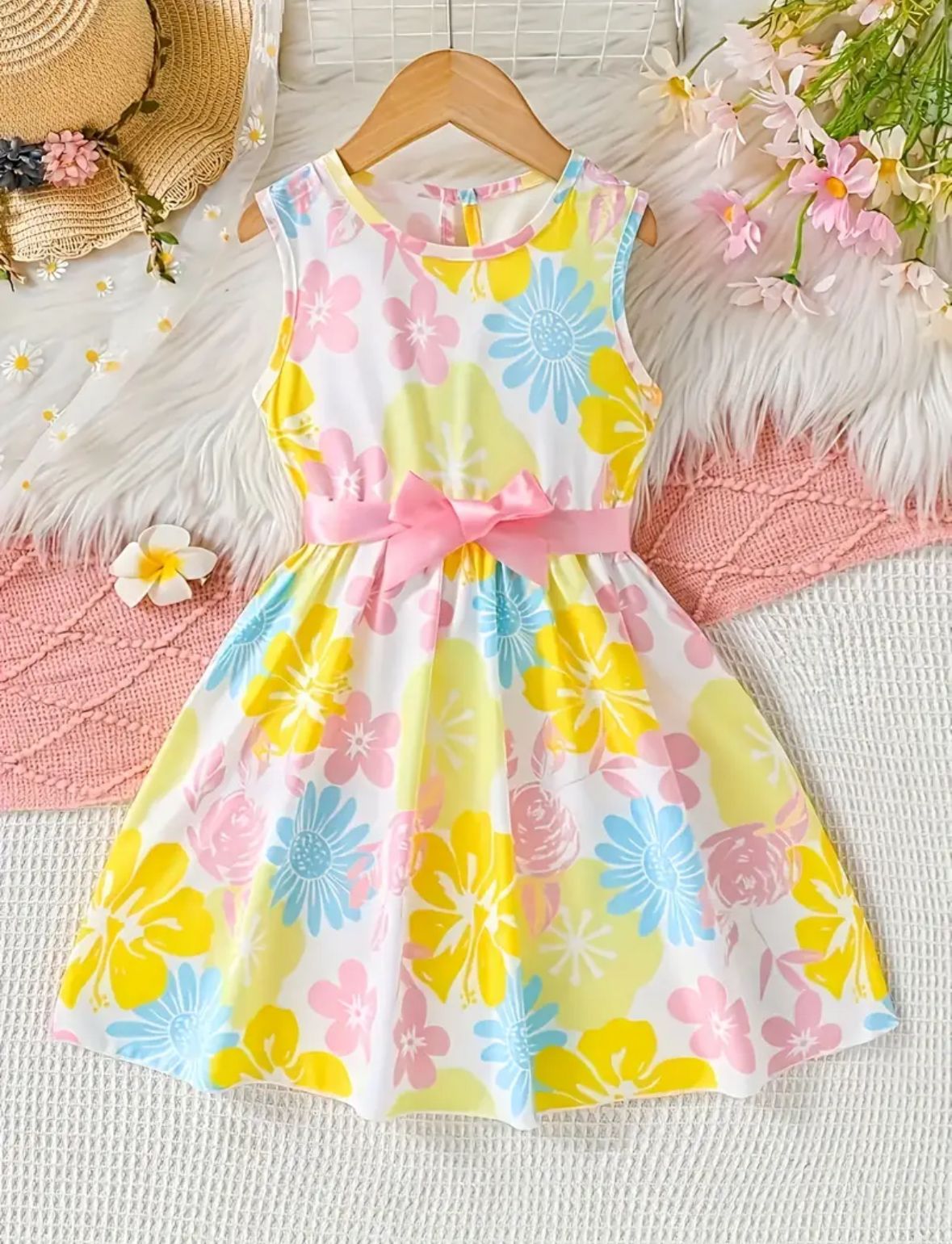 Girls sleeveless floral dress with belt, pastel yellow pink blue flower pattern, round neck