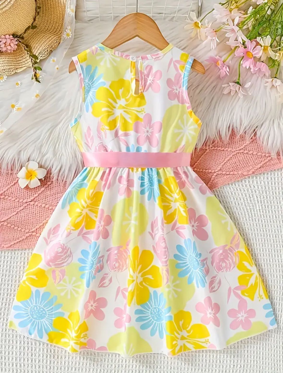 Girls sleeveless floral dress with waist belt, yellow pink blue flowers, full skirt