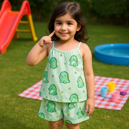 Mint green kids short set with dino print camisole top and matching shorts