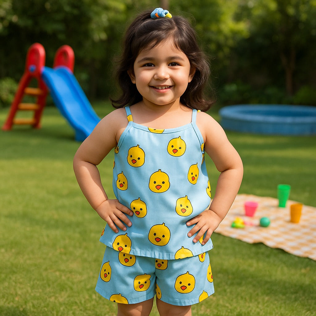 Kids duck print short set, light blue spaghetti-strap top and matching shorts