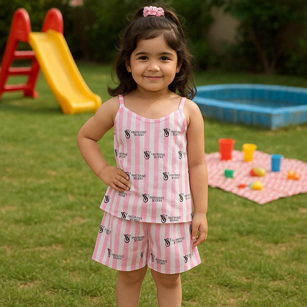 Kids striped short set, sleeveless pink with vertical stripes and logo print