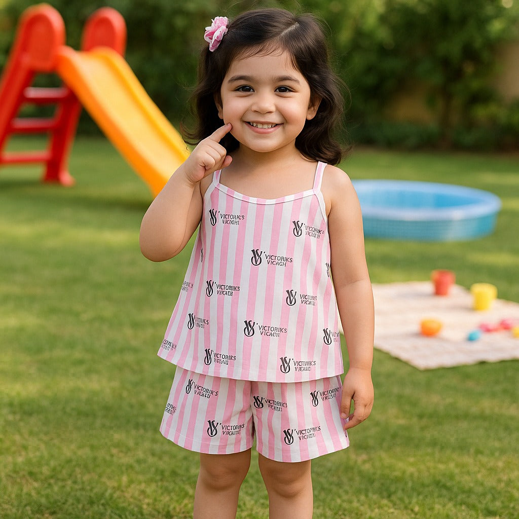 Kids striped short set, pink spaghetti-strap top with matching logo-print shorts