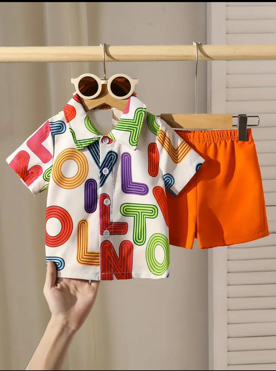 Kids multicolor letter-print polo shirt with orange elastic-waist shorts set