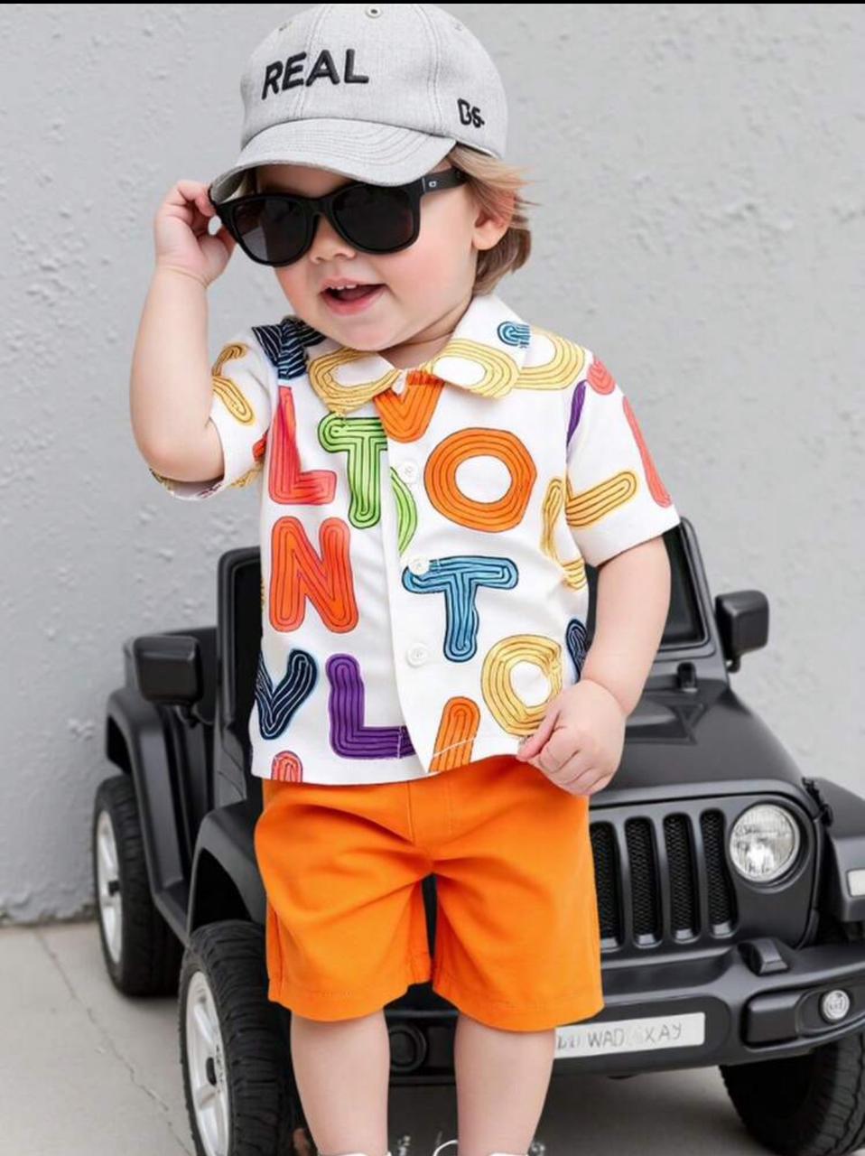 Baby polo shirt set with multicolor letter print and orange elastic-waist shorts