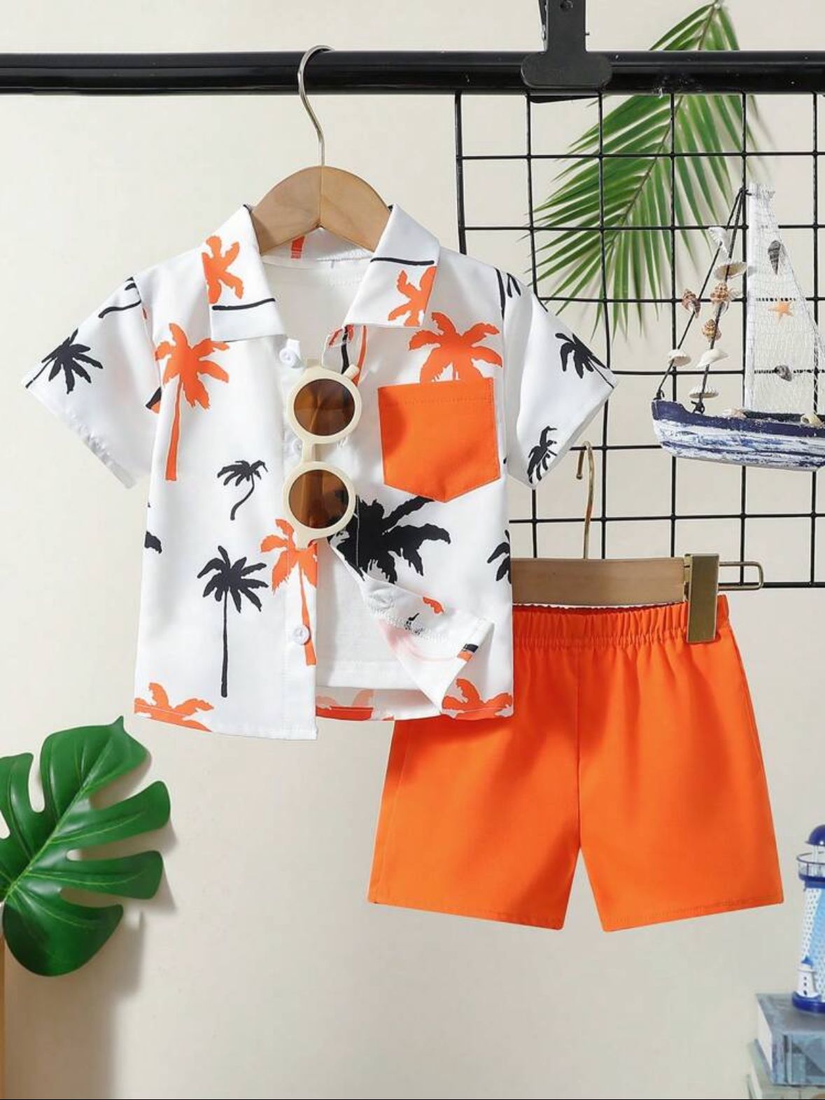 Baby boys white button-front polo shirt with palm tree print and orange elastic-waist shorts