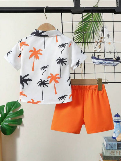 Baby boys white polo shirt, palm tree print, orange elastic-waist shorts set