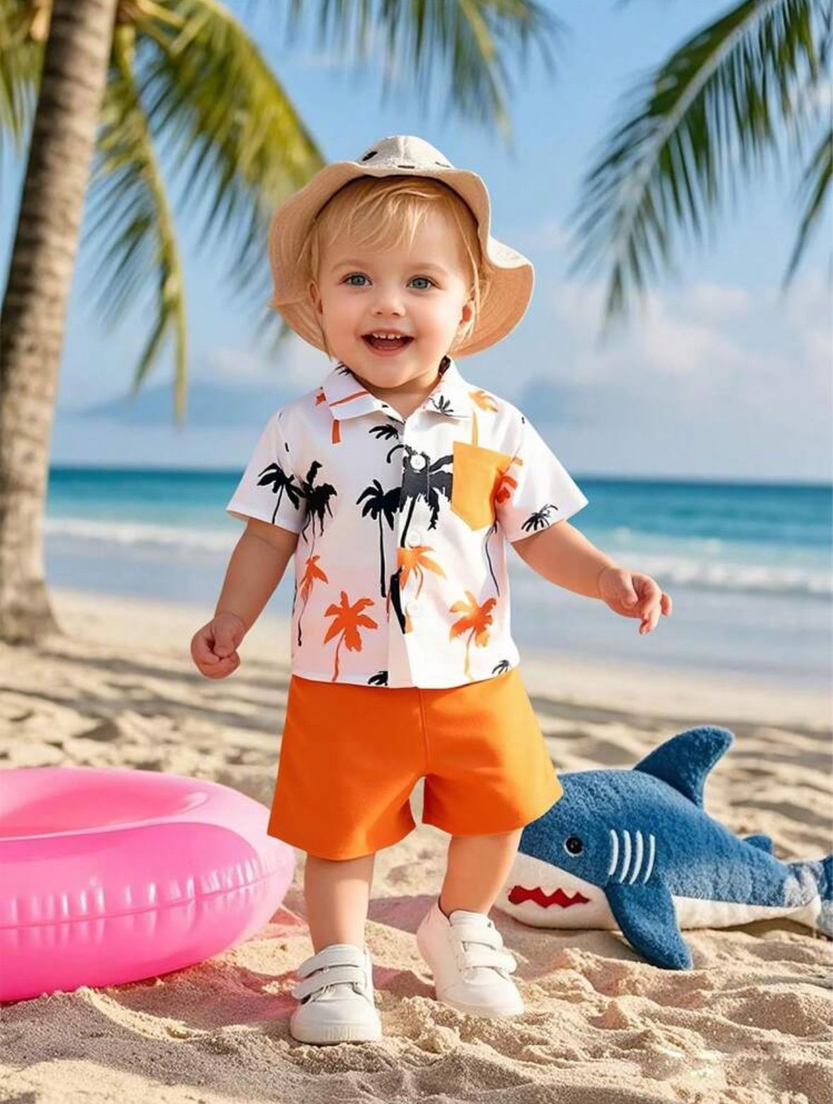 Toddler boys white polo shirt with palm tree print and orange elastic-waist shorts