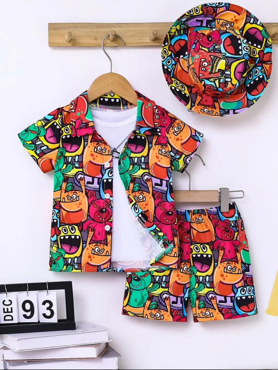 Kids cartoon print button-front shirt and elastic-waist shorts set, multicolor