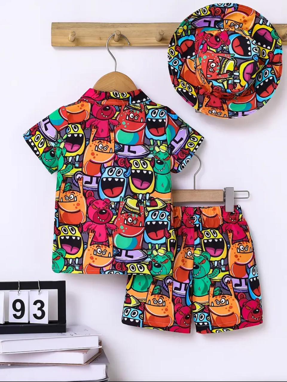Kids cartoon print short-sleeve shirt and elastic-waist shorts set, multicolor