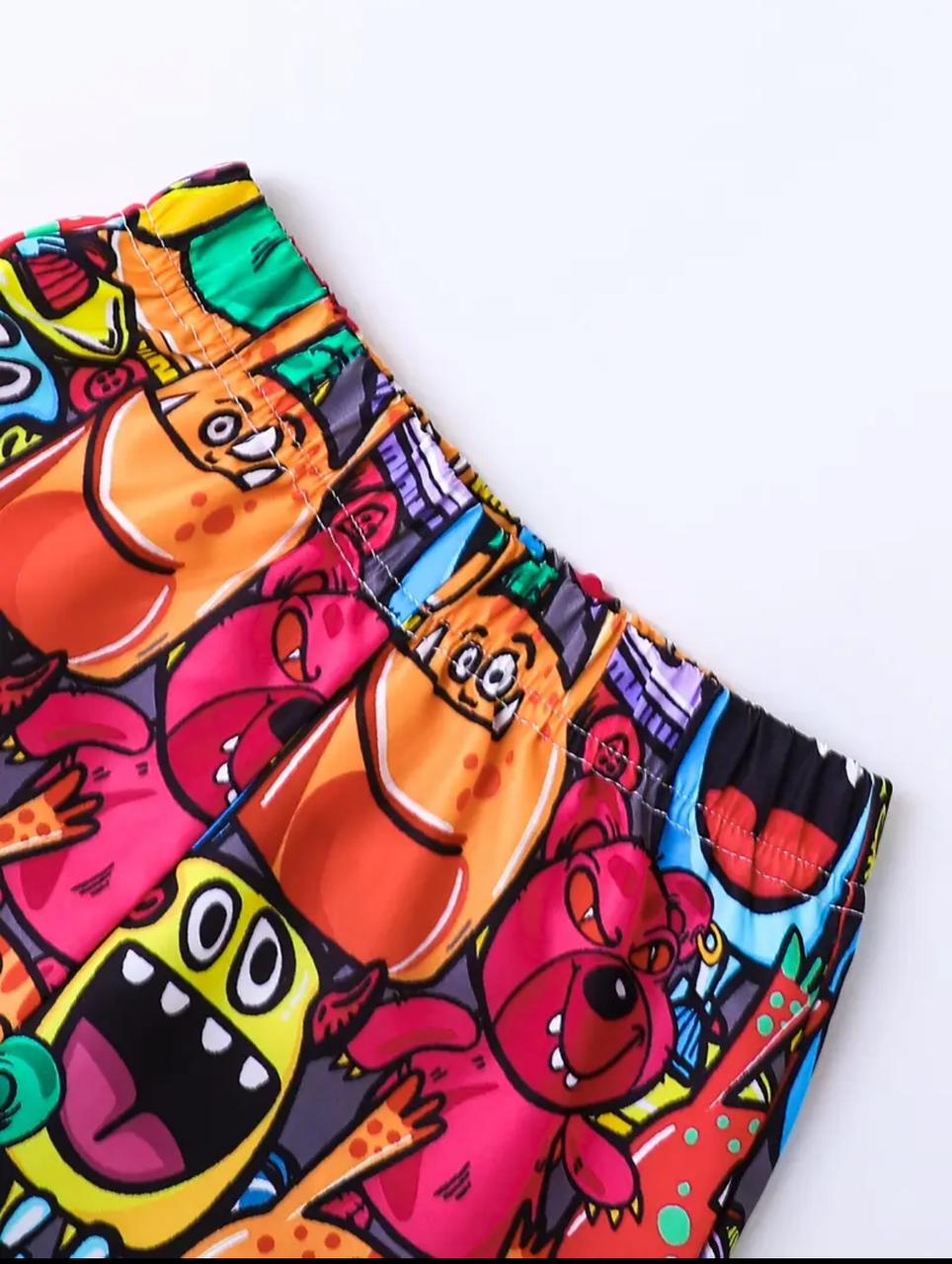 Elastic-waist shorts with colorful cartoon faces print, multicolor