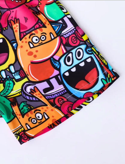 Colorful cartoon print shirt sleeve and hem, multicolor