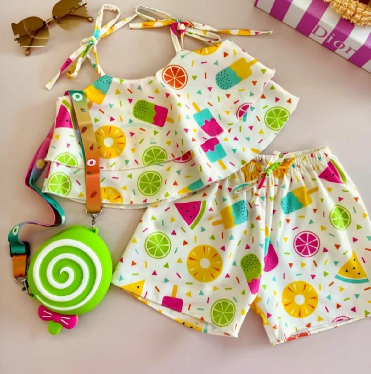 Girls fruit-print sleeveless top and matching shorts set, colorful slices pattern
