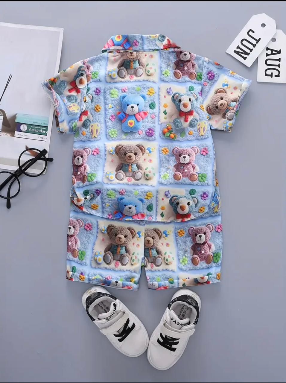 Light blue short-sleeve shirt and elastic-waist shorts set with teddy bear collage print