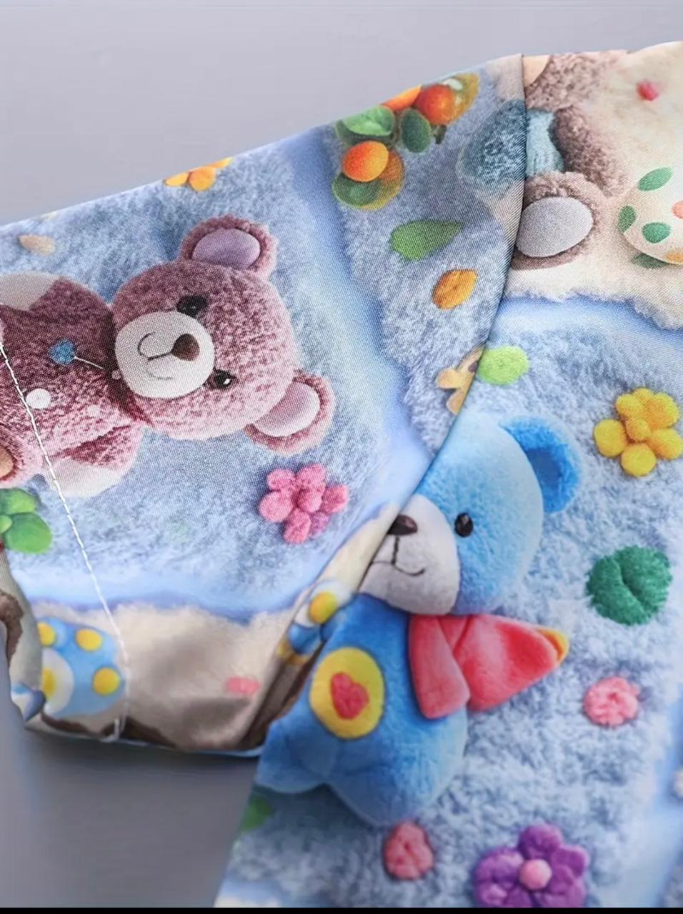 Light blue baby shirt and matching shorts with teddy bear 3D graphic and flowers