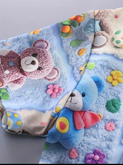 Light blue baby shirt and matching shorts with teddy bear 3D graphic and flowers
