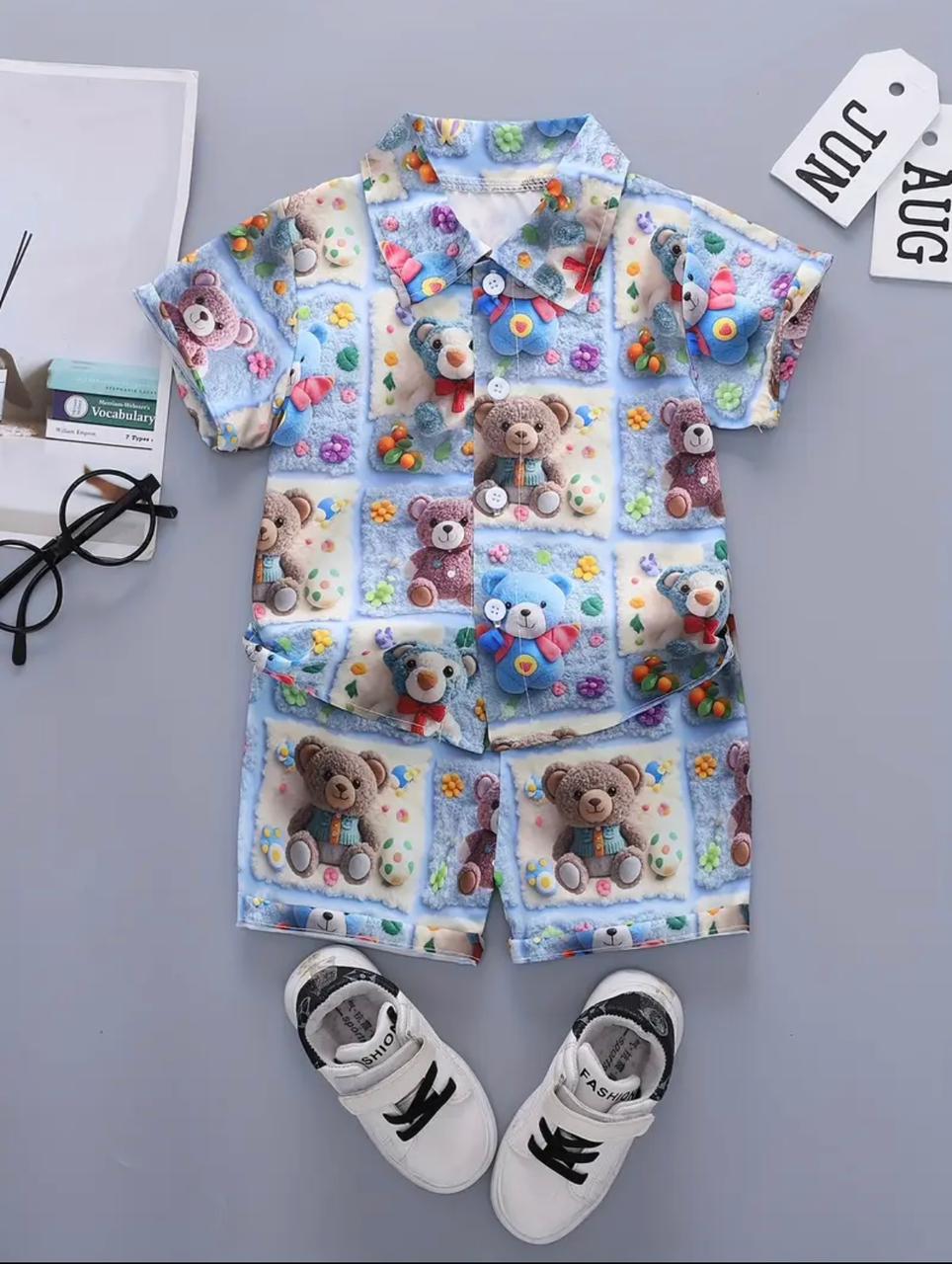 Light blue baby shirt and elastic-waist shorts set with teddy bear and toy prints