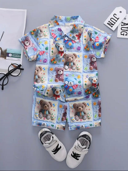 Light blue baby shirt and elastic-waist shorts set with teddy bear and toy prints
