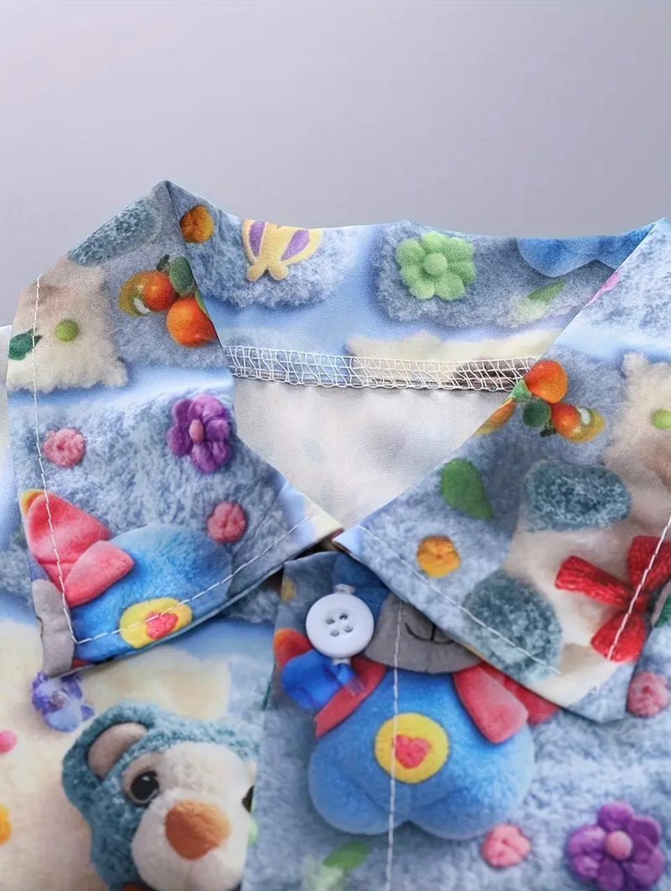Light blue baby boys shirt and shorts set with 3D bear and colorful paw prints