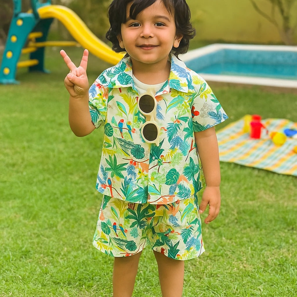 Kids multicolor tropical leaf and animal print short set with short-sleeve button shirt