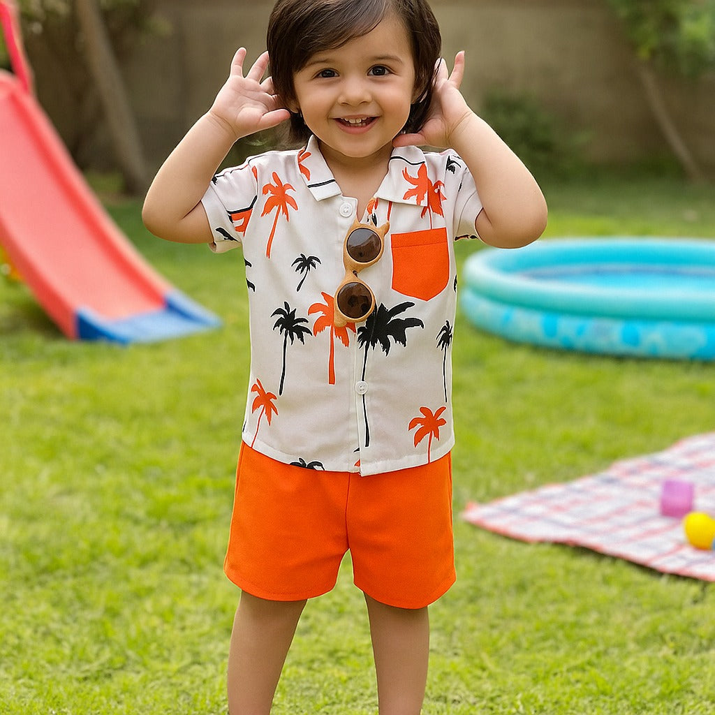Toddler boys white palm tree print polo shirt with orange elastic-waist shorts
