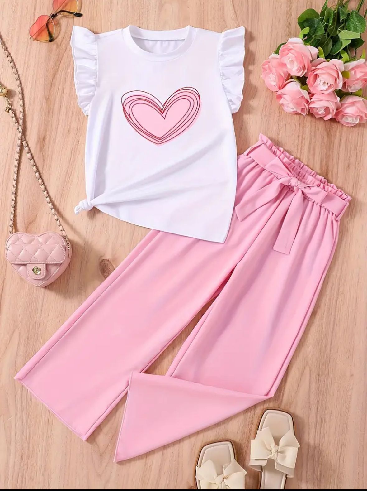 Girls pink heart top and pink wide-leg pants set, ruffled sleeves and heart graphic
