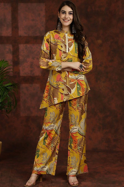 Yellow printed tunic and palazzo set with long sleeves, buttoned front, wide legs