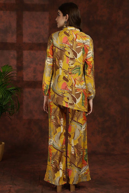 Yellow printed tunic and palazzo set back view with long sleeves and flowy tunic hem