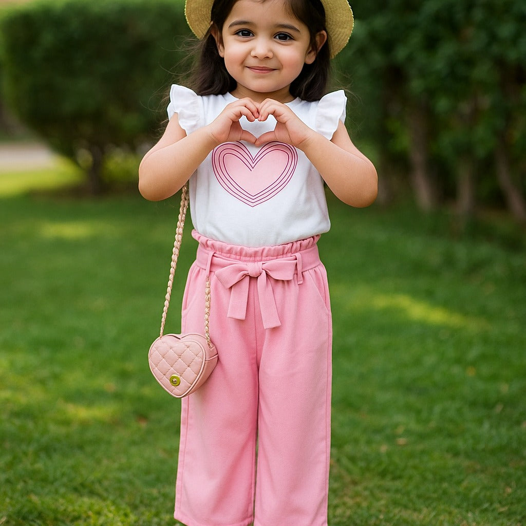 Girls pink heart top and pink wide-leg pants, bow-tied elastic waist