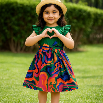 Green belted frock dress with multicolor swirl skirt and knotted waist ribbon
