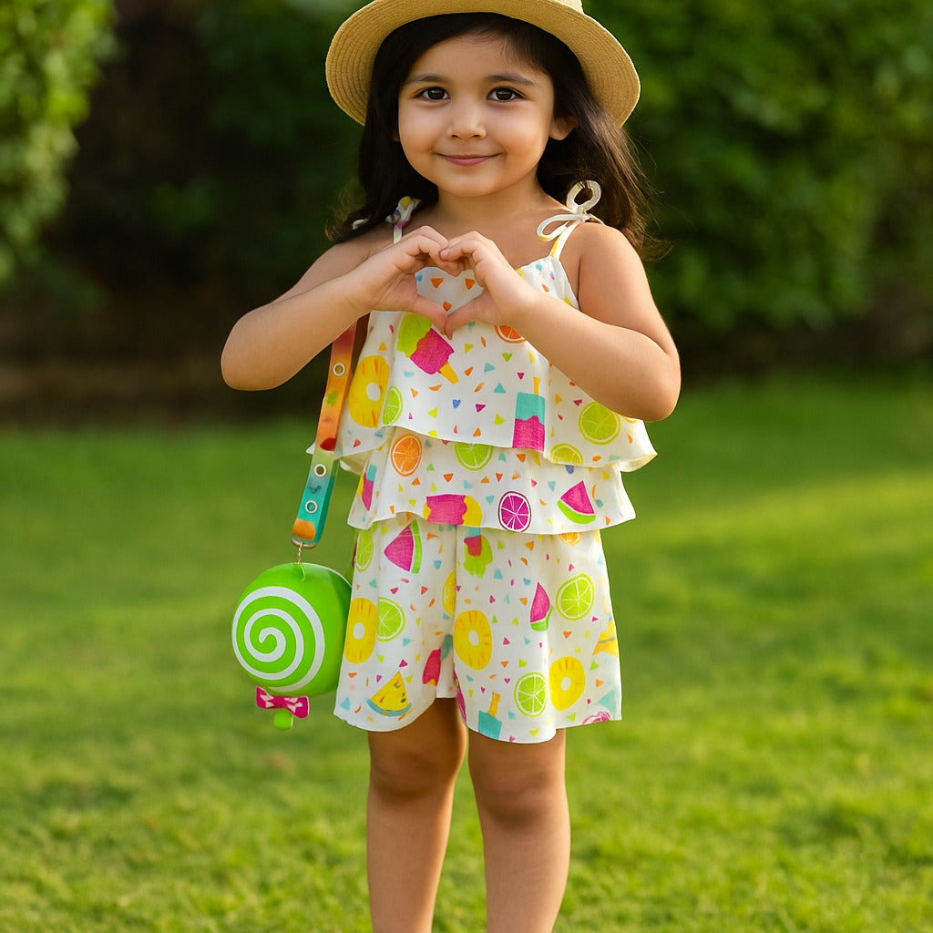Girls fruit-print sleeveless top and shorts set with ruffle hem, colorful slices