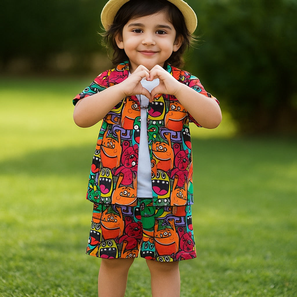 Kids cartoon print shirt and elastic-waist shorts set, multicolor