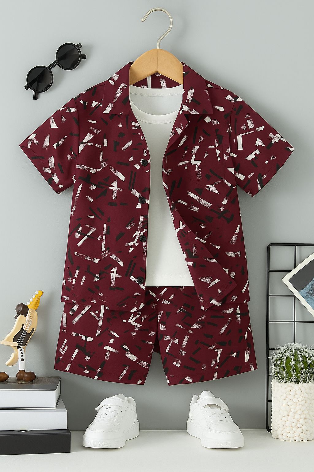 Boys maroon printed shirt and shorts set, button-front short-sleeve with geometric print