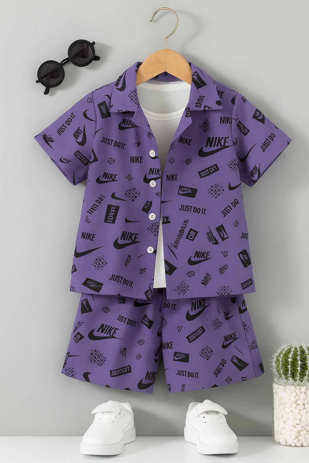 Kids Nike short set in purple, all-over Just Do It logo print, button shirt and shorts