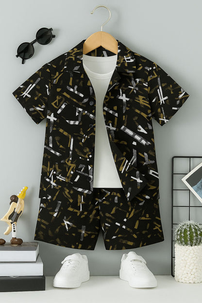 Boys' summer set, black and gold abstract print short-sleeve shirt and shorts