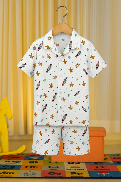 Boys holiday shirt and shorts set, light blue with holiday character print