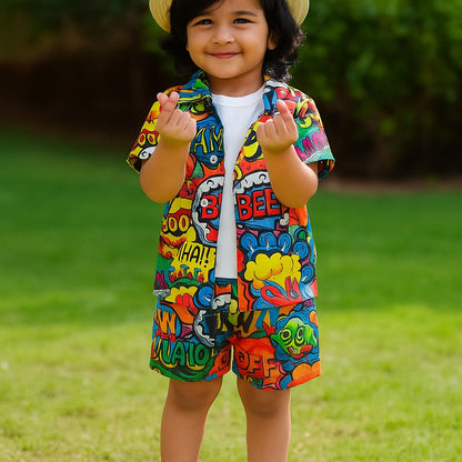 Kids comic-pattern short set with button front top and matching shorts, colorful print